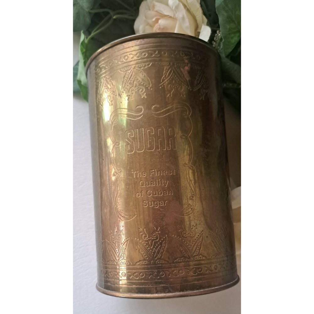 Vintage 7" Brass Sugar Canister "The Finest Quality of Cuban Sugar"